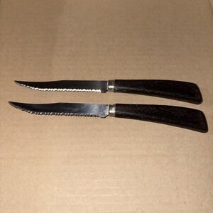 VTG Quikut Lot of 2 Stainless Serrated Steak Knives Dark Brown Faux Wood Handle